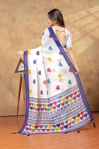 White printed art silk designer pallu saree