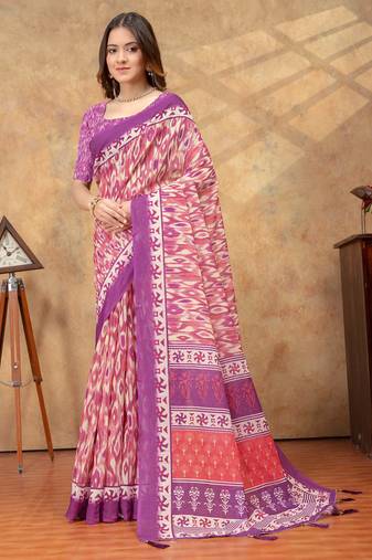 Baby pink printed art silk designer pallu saree
