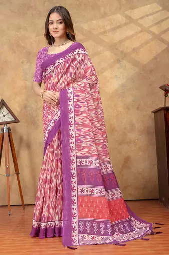 Baby pink printed art silk designer pallu saree