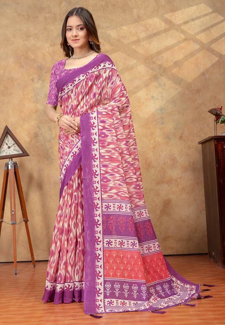 Baby pink printed art silk designer pallu saree