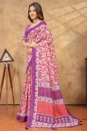 Baby pink printed art silk designer pallu saree