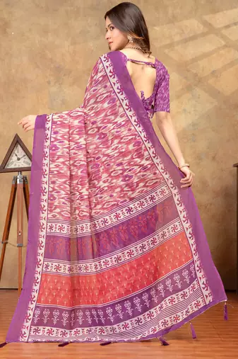 Baby pink printed art silk designer pallu saree