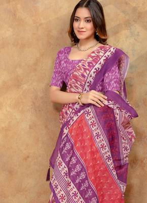 Baby pink printed art silk designer pallu saree 4