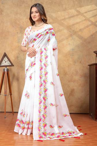 White printed art silk designer pallu saree