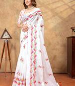 White printed art silk designer pallu saree
