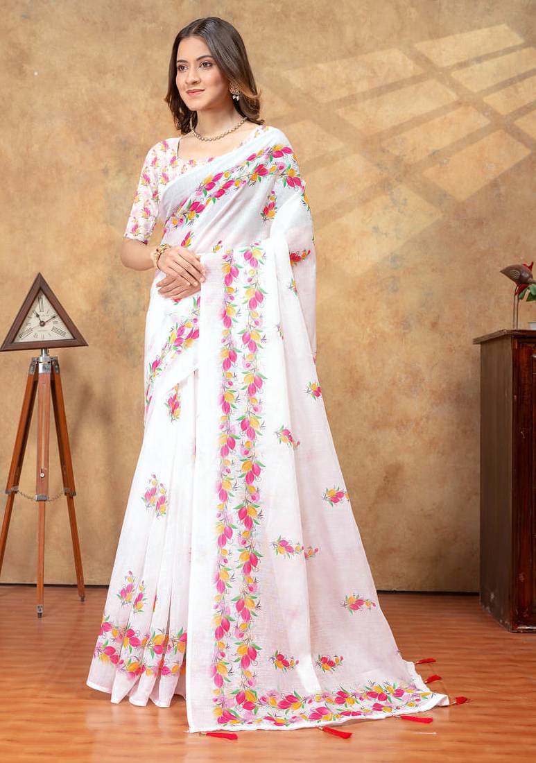 White printed art silk designer pallu saree