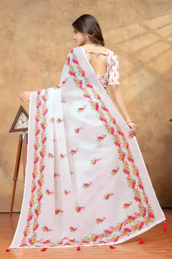 White printed art silk designer pallu saree