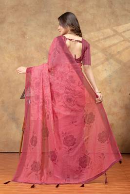 Hot pink printed art silk designer pallu saree 3