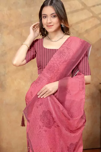 Hot pink printed art silk designer pallu saree