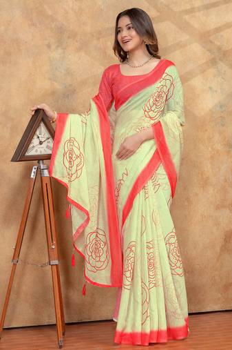 Yellow printed art silk designer pallu saree