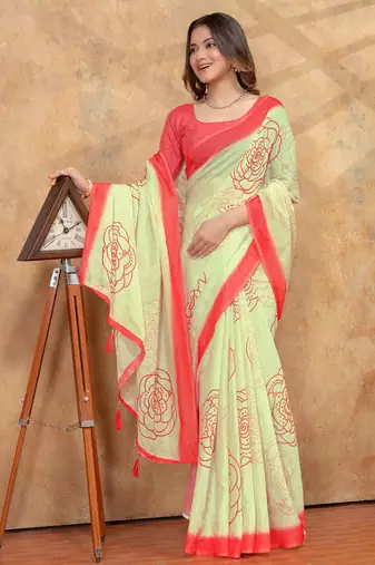 Yellow printed art silk designer pallu saree