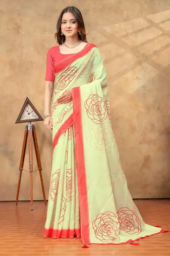 Yellow printed art silk designer pallu saree