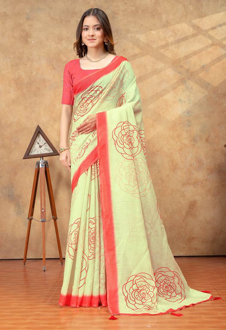 Yellow printed art silk designer pallu saree