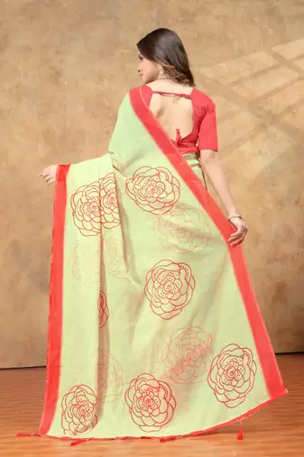 Yellow printed art silk designer pallu saree