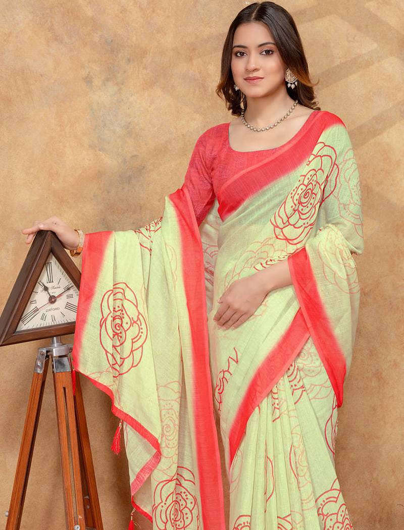 Yellow printed art silk designer pallu saree