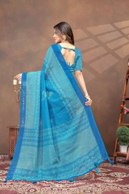 Teal printed art silk designer pallu saree 3