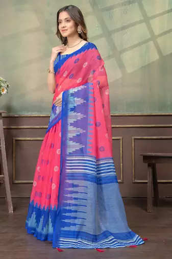 Hot pink printed art silk designer pallu saree