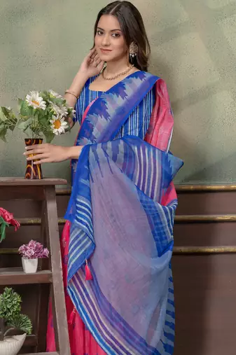 Hot pink printed art silk designer pallu saree