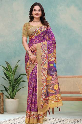Wine printed art silk designer pallu saree