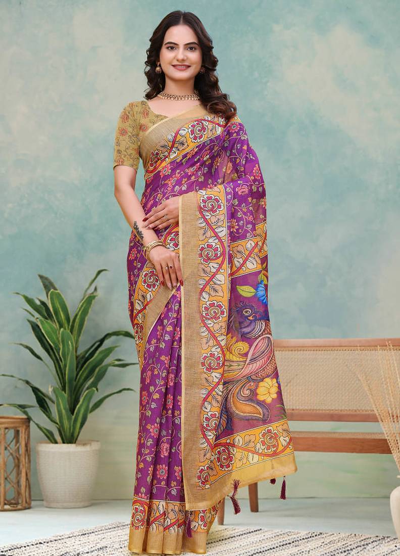 Wine printed art silk designer pallu saree