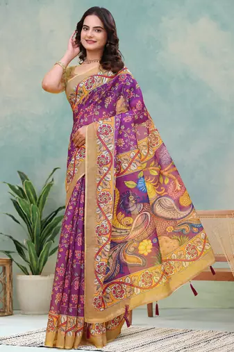 Wine printed art silk designer pallu saree