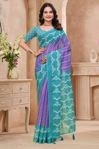 Purple printed art silk designer pallu saree