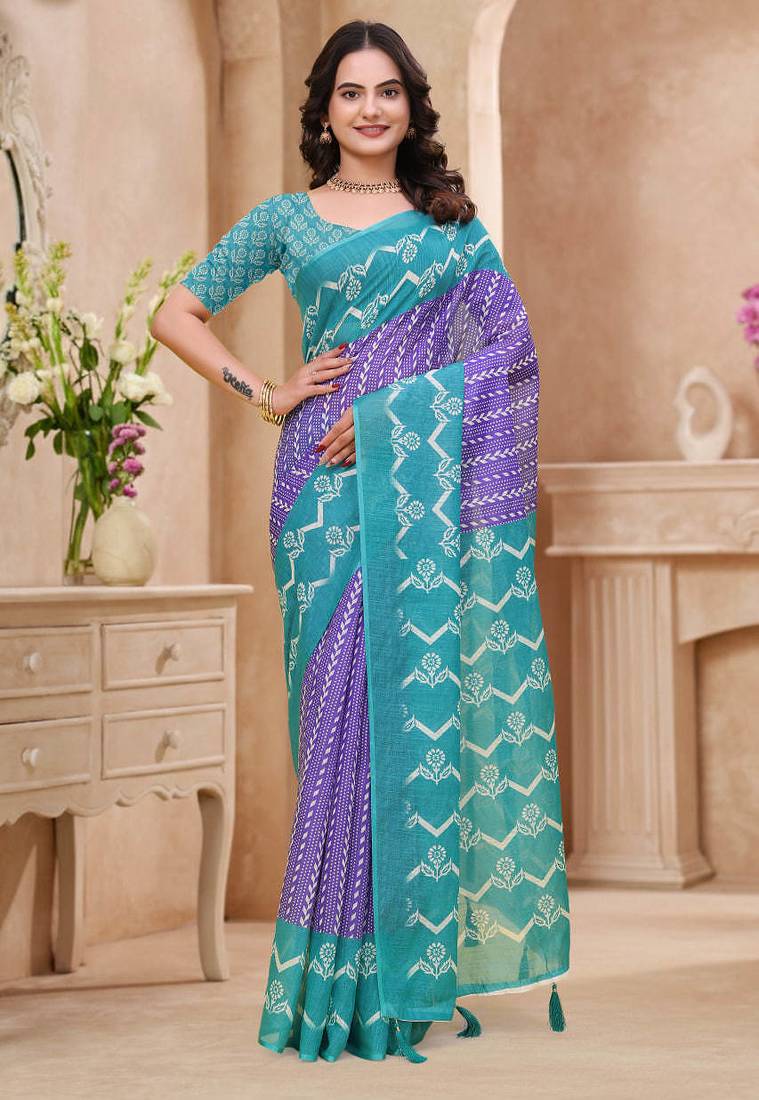 Purple printed art silk designer pallu saree