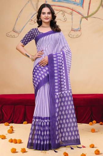Light lavender printed art silk designer pallu saree