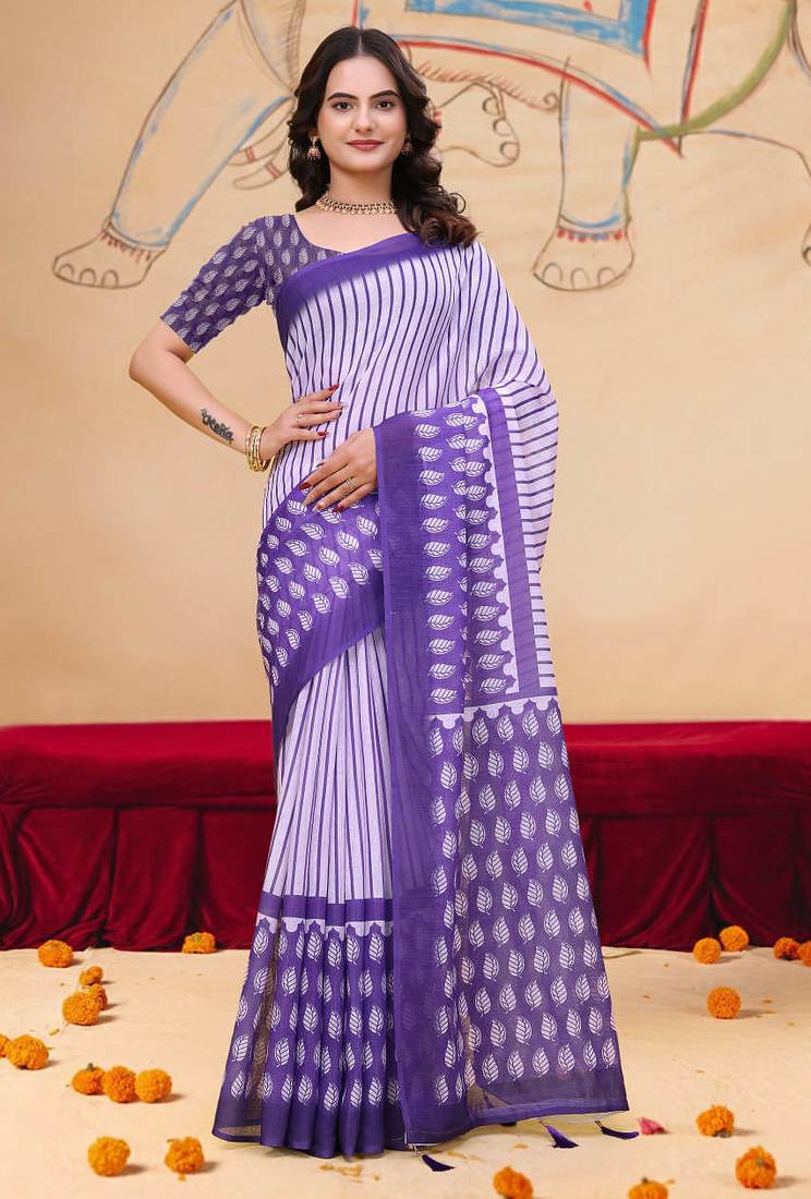 Light lavender printed art silk designer pallu saree