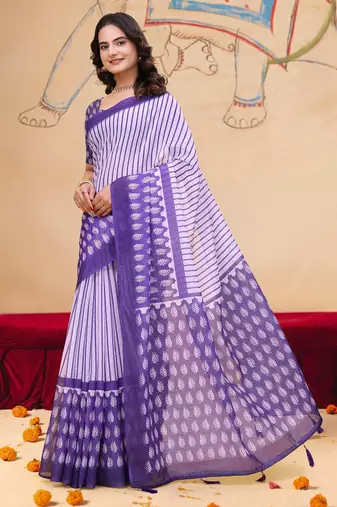 Light lavender printed art silk designer pallu saree