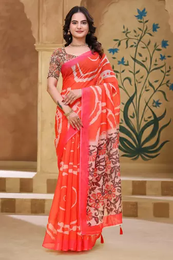 Orange printed art silk designer pallu saree