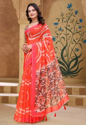 Orange printed art silk designer pallu saree 2