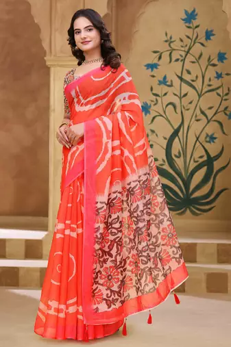 Orange printed art silk designer pallu saree