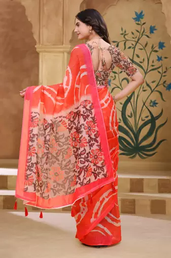 Orange printed art silk designer pallu saree