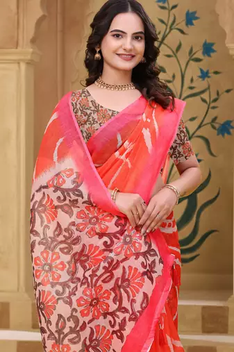 Orange printed art silk designer pallu saree