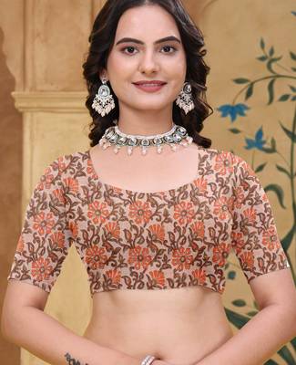 Orange printed art silk designer pallu saree 5