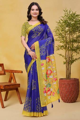Purple printed art silk designer pallu saree