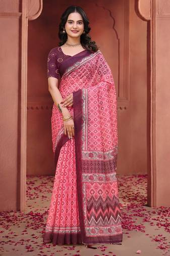 Baby pink printed art silk designer pallu saree