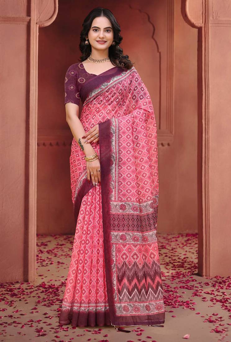 Baby pink printed art silk designer pallu saree