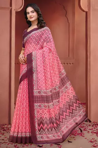 Baby pink printed art silk designer pallu saree