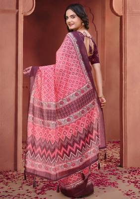Baby pink printed art silk designer pallu saree 3