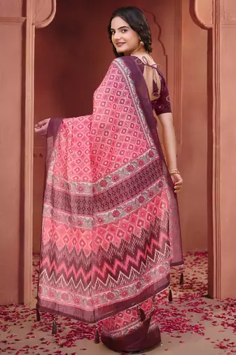 Baby pink printed art silk designer pallu saree