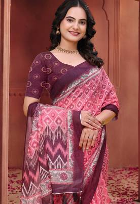 Baby pink printed art silk designer pallu saree 4