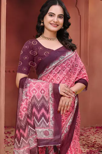 Baby pink printed art silk designer pallu saree