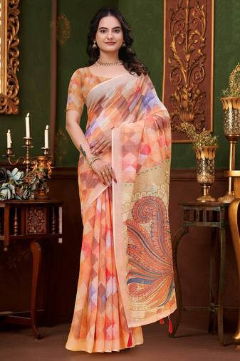 Peach printed art silk designer pallu saree