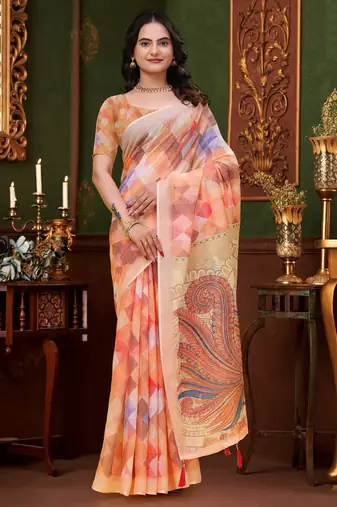 Peach printed art silk designer pallu saree