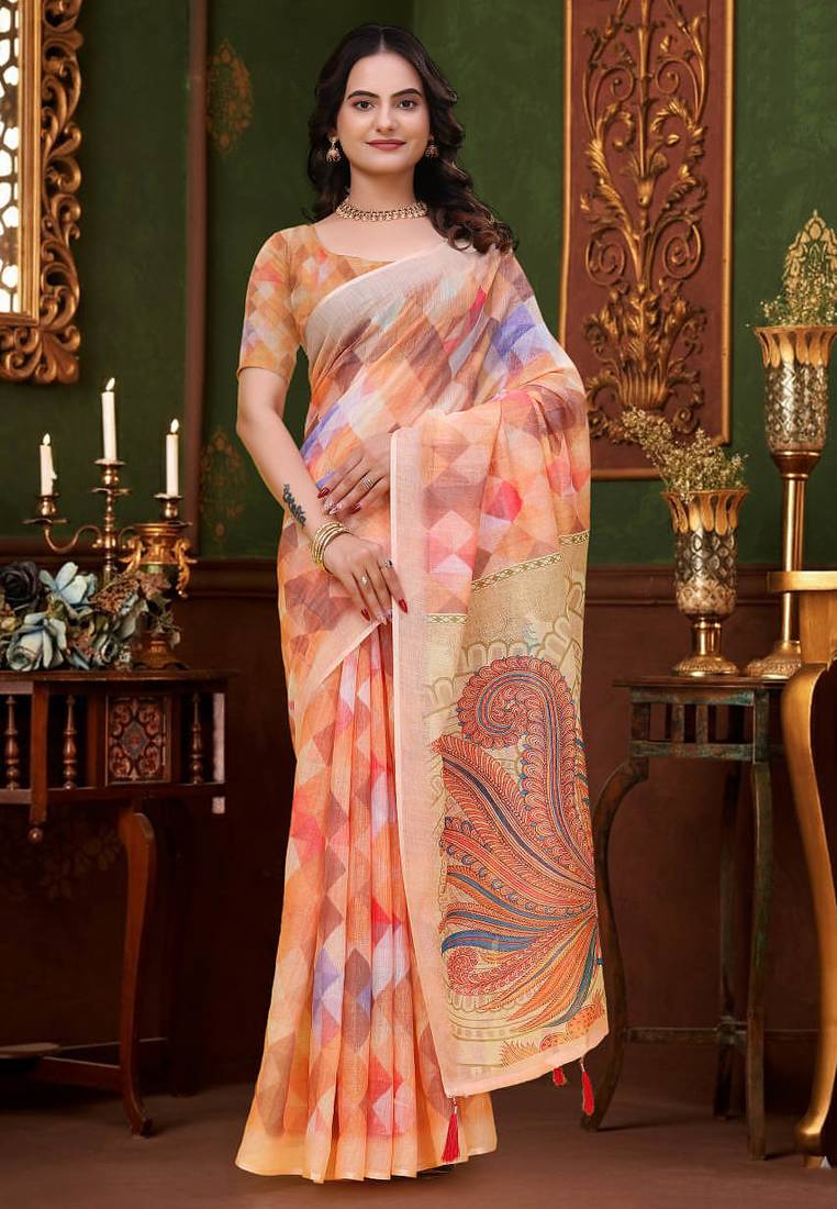 Peach printed art silk designer pallu saree