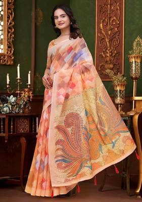 Peach printed art silk designer pallu saree 2