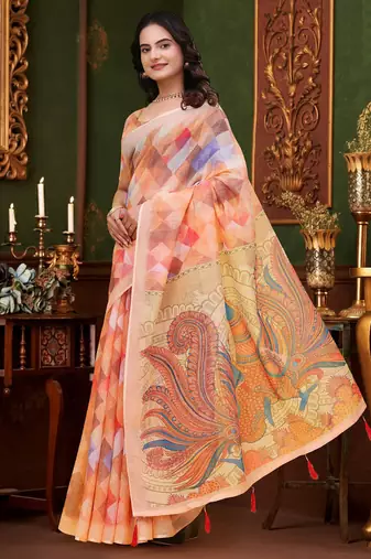 Peach printed art silk designer pallu saree