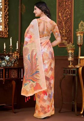 Peach printed art silk designer pallu saree 3